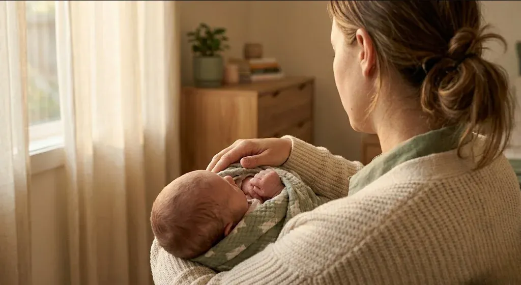 A quiet interior scene — soft light, a plant, a chair, a sense of calm presence, representing the themes of "Single Parenthood and Perinatal Mental Health: Risk, Protection, and Support".