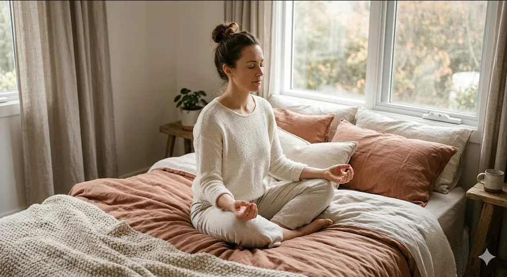 A person sitting cross-legged on a bed with eyes closed, hands resting on knees, breathing slowly, representing the themes of "Sleep Anxiety in New Parents: The Cycle That Keeps You Wired After Weeks of Exhaustion".