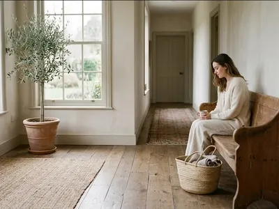 A new mother in a rocking chair in a softly lit nursery, cradling her infant, representing the themes of "Treatment Options for Postpartum Sleep Problems and Sleep Anxiety".