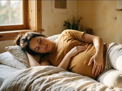 A pregnant woman lying on her side on a bed, light from a window, expression peaceful, representing the themes of "A Somatic Guide to Pregnancy: Preparing Your Nervous System for Birth".