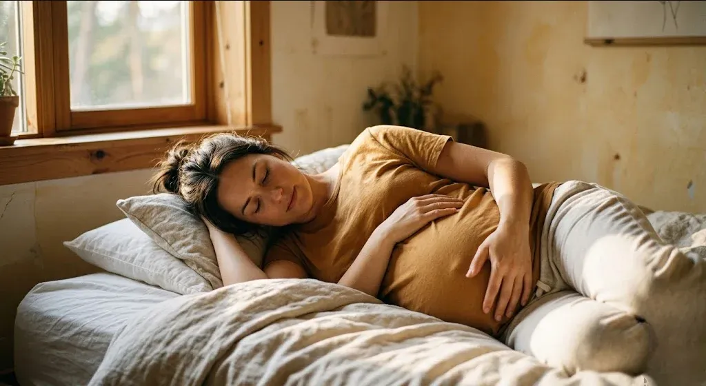 A pregnant woman lying on her side on a bed, light from a window, expression peaceful, representing the themes of "A Somatic Guide to Pregnancy: Preparing Your Nervous System for Birth".