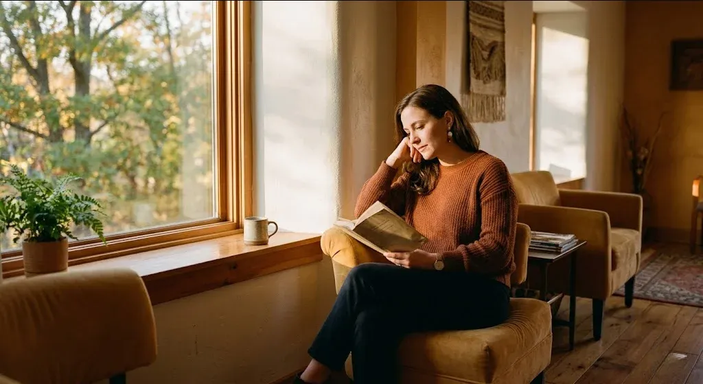 A waiting room with comfortable seating and natural light, calm and private, representing the themes of "Specialized vs. Generic Therapy: Why Personalized Care Matters for New Moms".