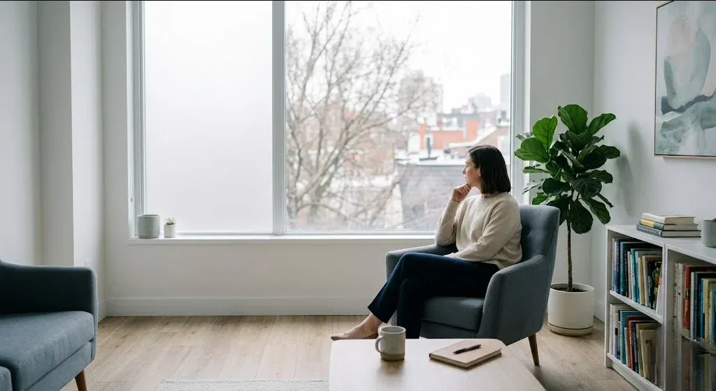 A person sitting on the edge of a bed in soft morning light, hands folded in lap, representing the themes of "Stay-at-Home Mom Depression: What the Research Shows and What Actually Helps".