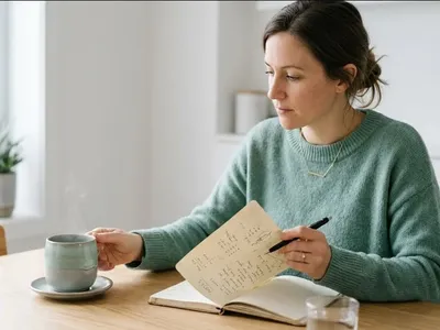 A parent at a kitchen table with a work notebook and a cooling cup of coffee, both things pulling for attention, representing the themes of "When Your Career Becomes 'Mom': Navigating the Identity Shift of a Stay-at-Home Parent".