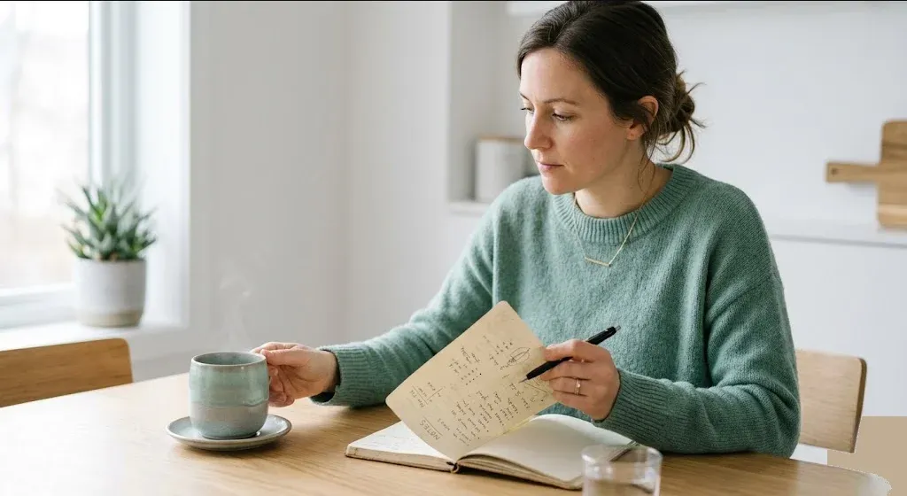 A parent at a kitchen table with a work notebook and a cooling cup of coffee, both things pulling for attention, representing the themes of "When Your Career Becomes 'Mom': Navigating the Identity Shift of a Stay-at-Home Parent".