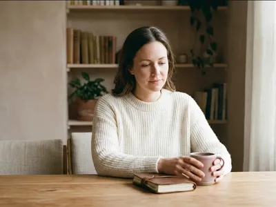 A figure seated on a window seat, looking out at a grey sky, a soft blanket nearby, representing the themes of "Stillbirth Quotes: 35 for a Grief That Has No Equal".