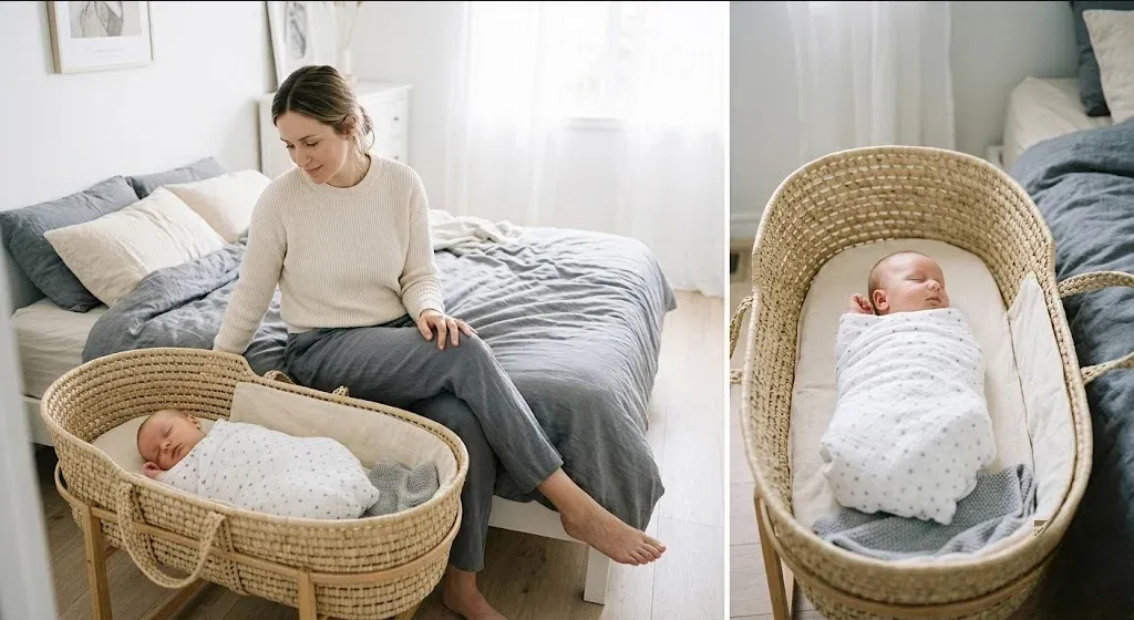 A mother sitting on the edge of a bed in morning light, infant asleep nearby in a bassinet, representing the themes of "Understanding and Overcoming Postpartum Intrusive Thoughts: Hope and Healing for New Mothers".