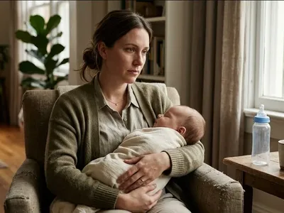 A mother holding a sleeping baby with a quiet expression of mixed relief and grief, illustrating the emotional experience of stopping breastfeeding