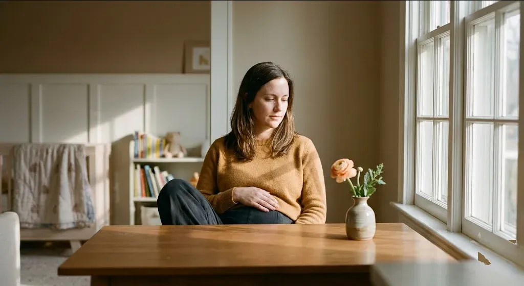 A woman at a table with a single flower in a small vase, quiet and still, representing the themes of "A Hopeful, Supported Guide to Pregnancy After a PMAD or Loss".
