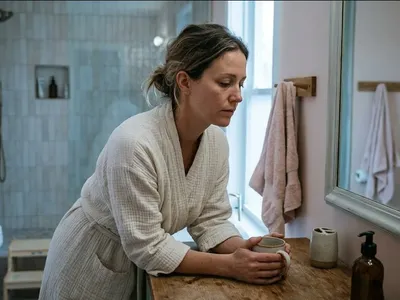 A person at a table with a warm drink, looking forward with a calm, open expression, representing the themes of "The Supermom Myth and Your Mental Health: Why the Bar Always Feels Impossible".