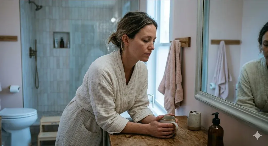 A person at a table with a warm drink, looking forward with a calm, open expression, representing the themes of "The Supermom Myth and Your Mental Health: Why the Bar Always Feels Impossible".