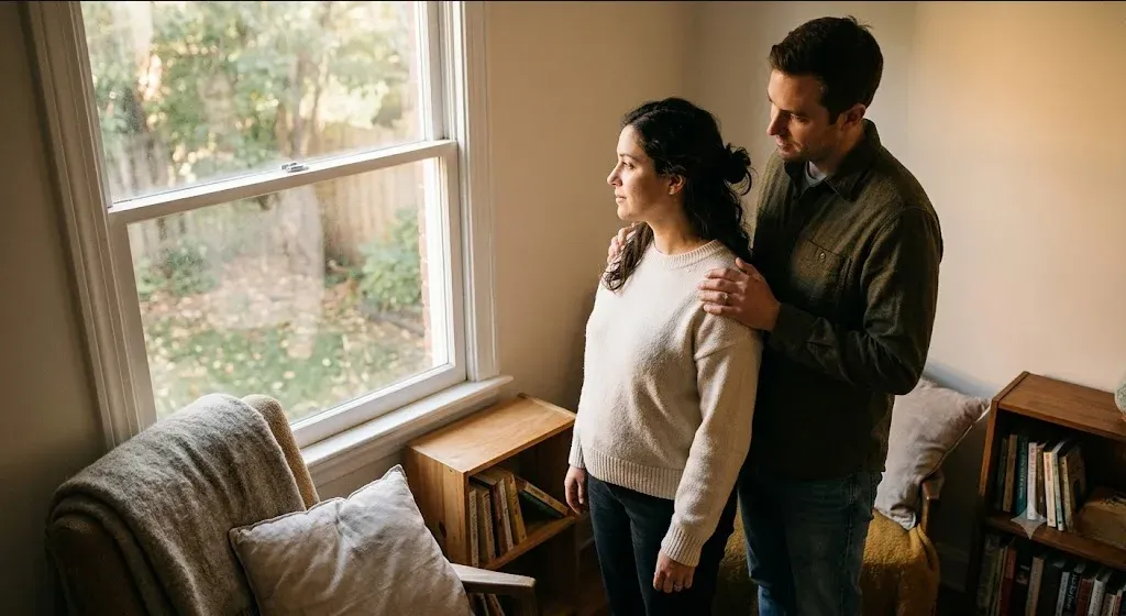 Two people at a window, one standing behind the other with gentle hands on their shoulders, representing the themes of "The Overlooked Parent: A Complete Guide to Paternal Mental Health".