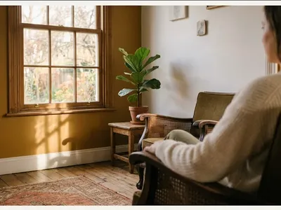 A quiet interior scene — soft light, a plant, a chair, a sense of calm presence, representing the themes of "Support Mental Health After Difficult Birth".