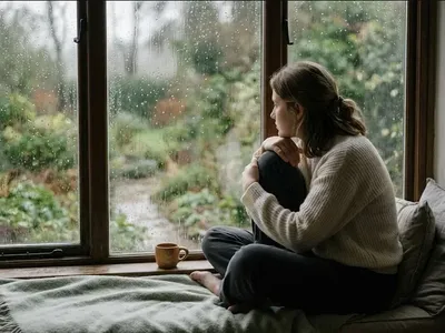 A woman sitting alone on a window seat gazing out at a rainy garden, her posture contemplative and self-protective, evoking the quiet grief of pregnancy loss.