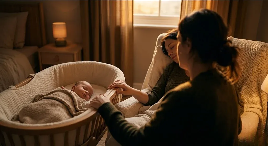 A parent resting in a dim bedroom, a sleeping infant nearby in a bassinet, representing the themes of "Surviving Sleep Deprivation Without Losing Your Mind: A Practical Guide".