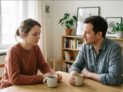 A partner sitting beside a person on a couch, hand on their knee, attentive and present, representing the themes of "How to Talk to Your Partner After a Traumatic Birth".