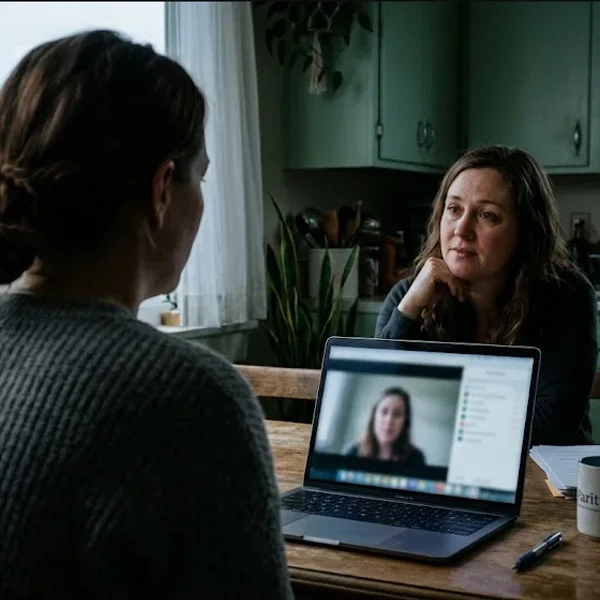 A figure near a window in a quiet domestic interior, unhurried and still, representing the themes of "Telehealth Mental Health Parity Laws: What Benefit Brokers Need to Know".