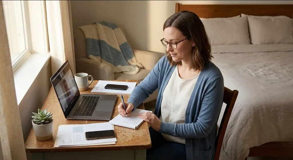 A figure near a window in a quiet domestic interior, unhurried and still, representing the themes of "Telehealth Risk Management for Perinatal Mental Health Practices".