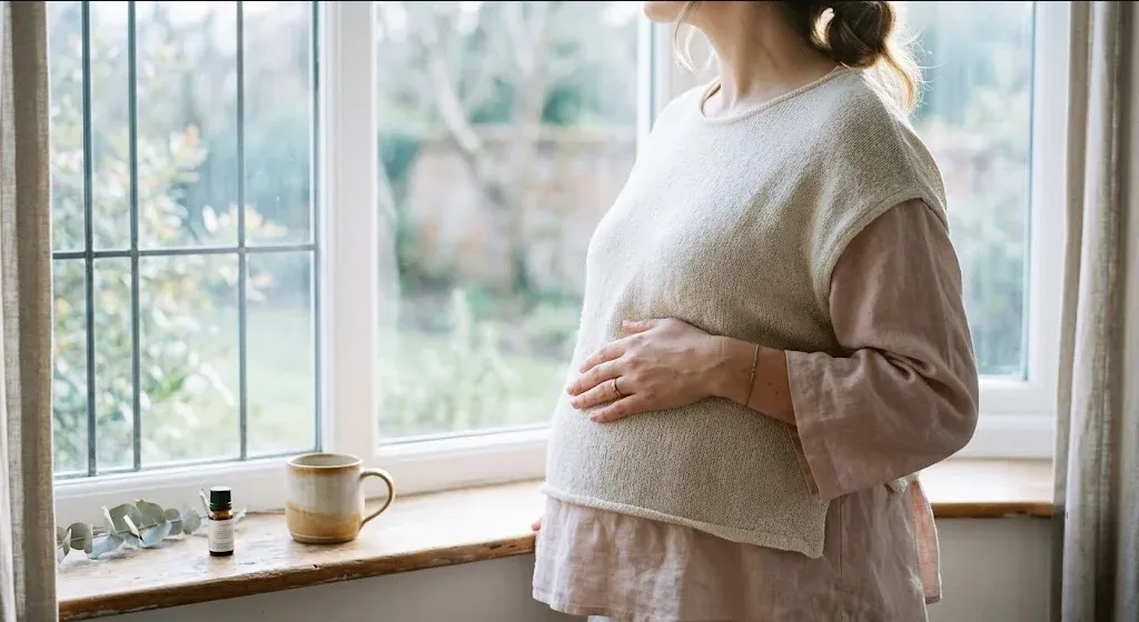 A woman standing near a window, one hand on her belly, soft backlight, representing the themes of "TFMR Grief Support: Navigating the Unique Heartbreak of Ending a Wanted Pregnancy".