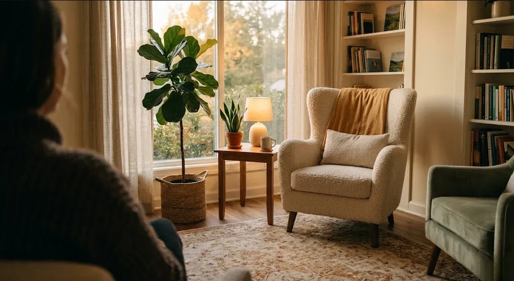 A calm, welcoming therapy office — soft chair, indoor plants, warm lamp, no one present, representing the themes of "Finding a Therapist for Generational Trauma as a Parent".
