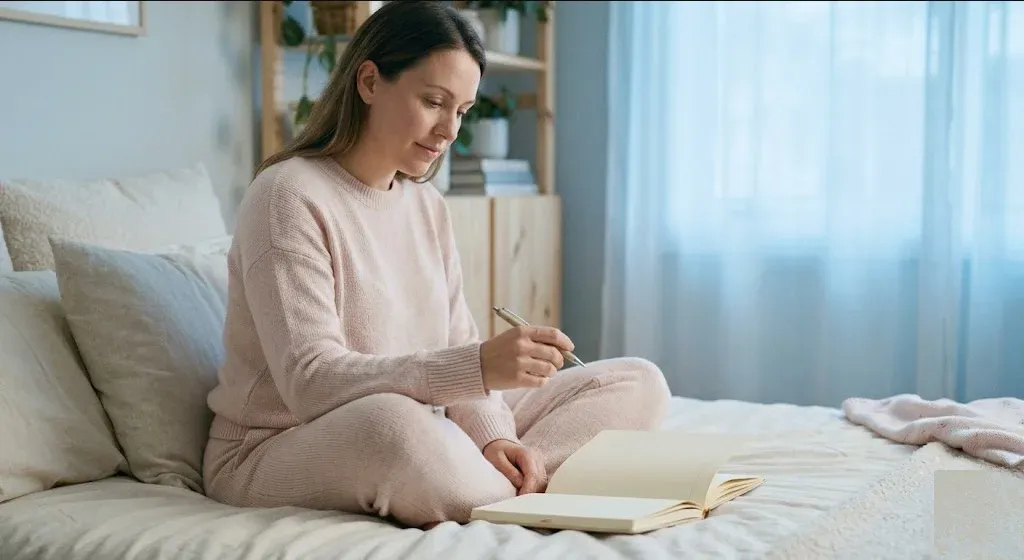 A woman sitting on a bed with a journal open, pen resting, warm morning light, representing the themes of "Third-Party Reproduction Psychological Evaluations".