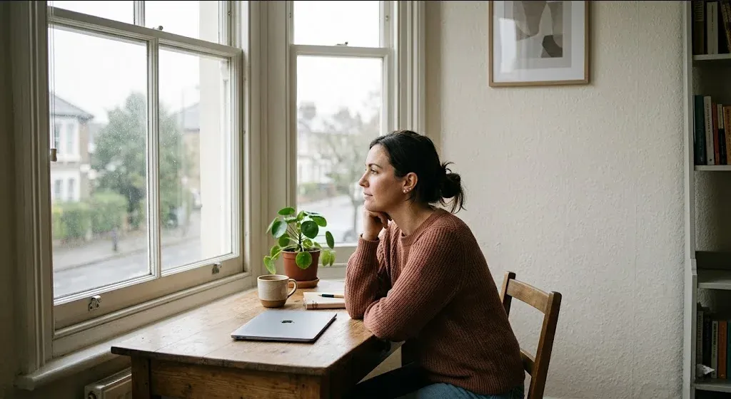 A woman sitting at a home desk with a laptop, looking out a nearby window, a moment of pause, representing the themes of "Transitioning Back to Work: Managing Mental Health After Maternity Leave".