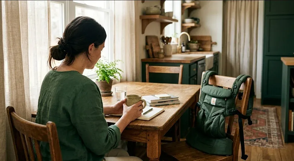A woman at a kitchen table, baby carrier on the chair beside her, warm cup in hand, representing the themes of "Type-A Personality and Postpartum Depression".