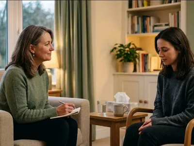 A therapist leaning forward attentively while a patient sits across from them in a warm naturally lit therapy office, conveying compassion and professional support for grief.