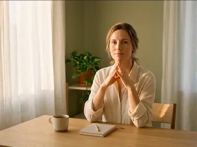 A figure at a desk with hands steepled under chin, gazing forward calmly, representing the themes of "5 Vagus Nerve Exercises to Calm Anxiety and Reconnect with Your Body".