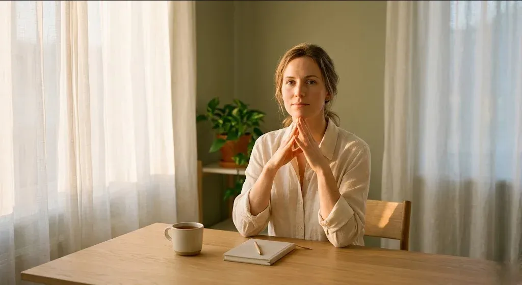A figure at a desk with hands steepled under chin, gazing forward calmly, representing the themes of "5 Vagus Nerve Exercises to Calm Anxiety and Reconnect with Your Body".