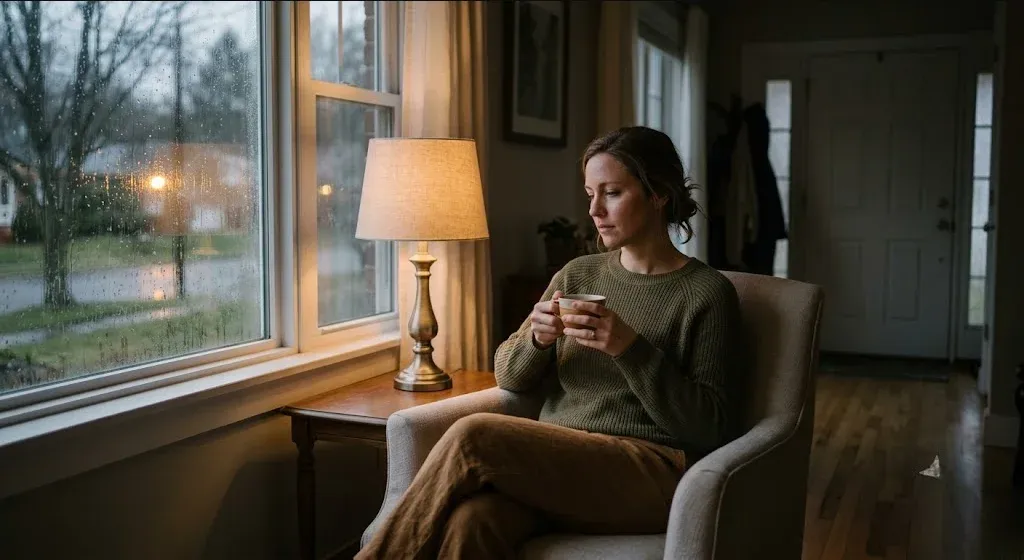 A woman sitting in an armchair near a rain-streaked window, warm cup of tea in hand, looking inward, representing the themes of "Post-Weaning Depression & Anxiety Is Real, and It's Treatable".