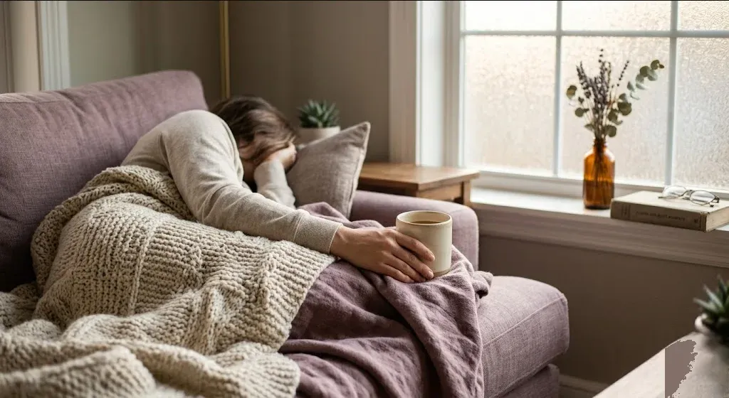 A figure on a couch with a blanket, late afternoon light, quiet and still, representing the themes of "Weaning and Mood Changes: Why Stopping Breastfeeding Can Trigger Depression".