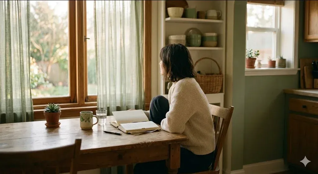 A person at a kitchen table with a journal open, pen resting, looking toward the window, representing the themes of "Weaning Depression: The Hormonal Cliff After Stopping Breastfeeding".