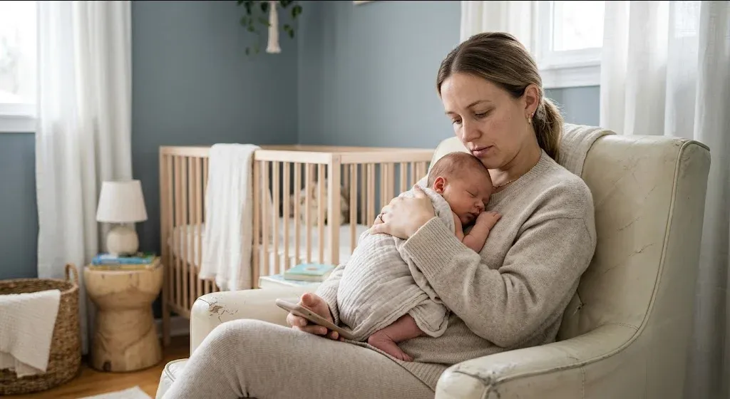 A figure near a window in a quiet domestic interior, unhurried and still, representing the themes of "What Employees Want from Perinatal Mental Health Benefits".