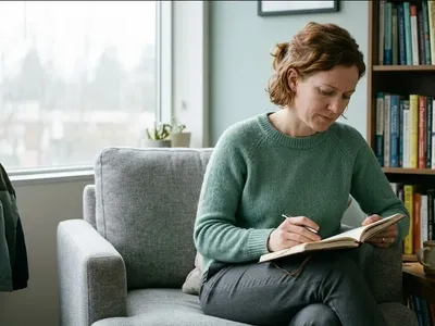 A parent standing in a kitchen surrounded by small unfinished tasks, one hand on the counter, taking a breath, representing the themes of "ADHD and Parenting: Why It's Harder Than Anyone Acknowledges".
