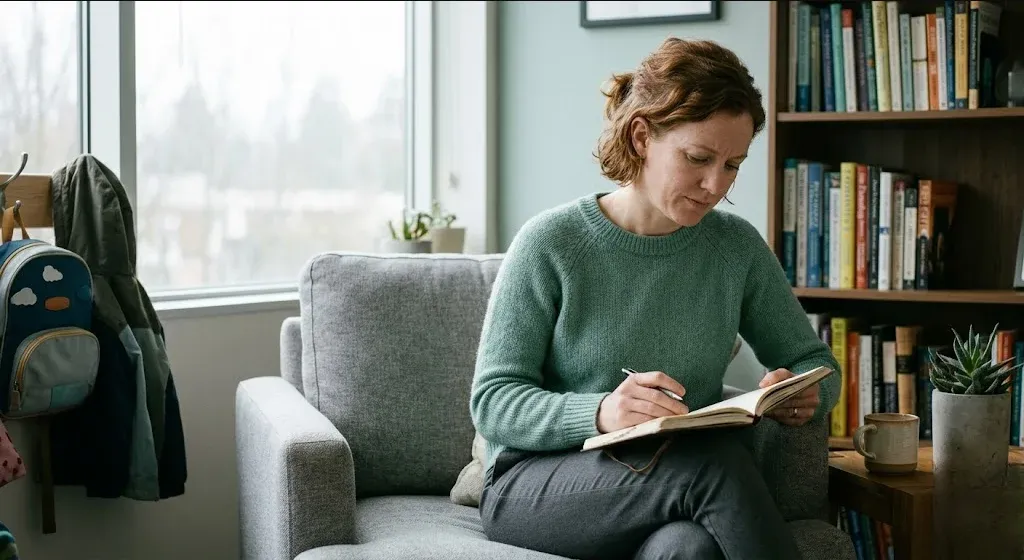 A parent standing in a kitchen surrounded by small unfinished tasks, one hand on the counter, taking a breath, representing the themes of "ADHD and Parenting: Why It's Harder Than Anyone Acknowledges".