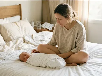A new mother sitting in morning light gazing at her sleeping newborn with an expression of awe and quiet wonder, capturing the profound identity shift of matrescence.