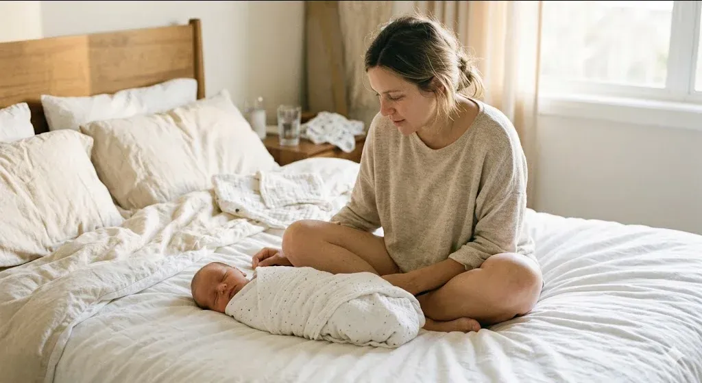 A new mother sitting in morning light gazing at her sleeping newborn with an expression of awe and quiet wonder, capturing the profound identity shift of matrescence.
