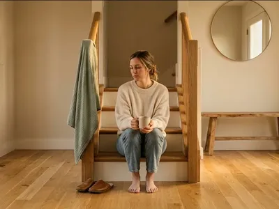 A parent sitting at a kitchen table with a half-finished cup of tea, staring quietly into the distance, representing the themes of "What Is Postpartum Burnout? When Exhaustion Goes Beyond Being Tired".