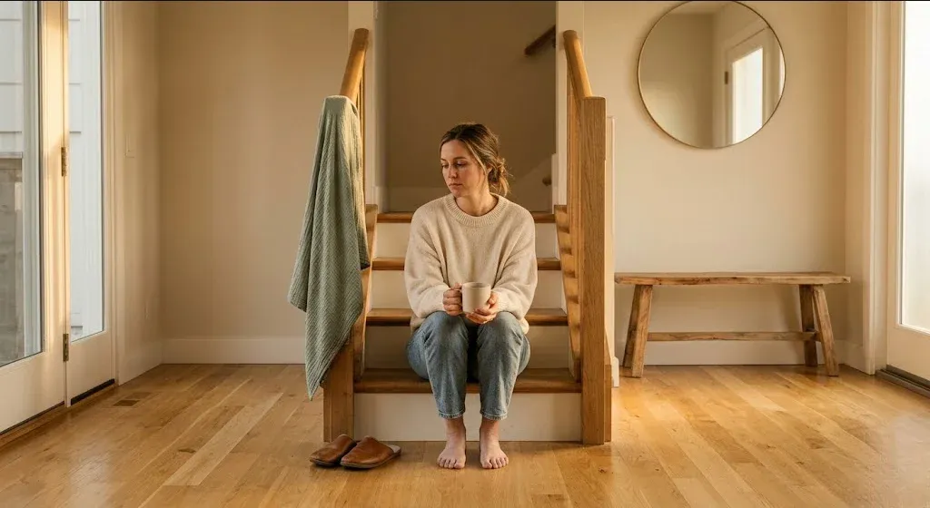 A parent sitting at a kitchen table with a half-finished cup of tea, staring quietly into the distance, representing the themes of "What Is Postpartum Burnout? When Exhaustion Goes Beyond Being Tired".