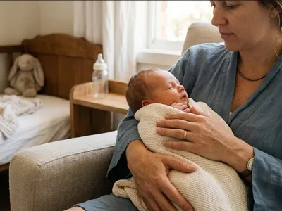 A mother sitting on the edge of a bed in morning light, infant asleep nearby in a bassinet, representing the themes of "What Is Postpartum Psychosis? Signs, Timeline, and What to Do".