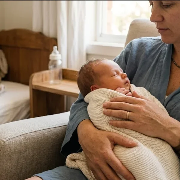 A mother sitting on the edge of a bed in morning light, infant asleep nearby in a bassinet, representing the themes of "What Is Postpartum Psychosis? Signs, Timeline, and What to Do".