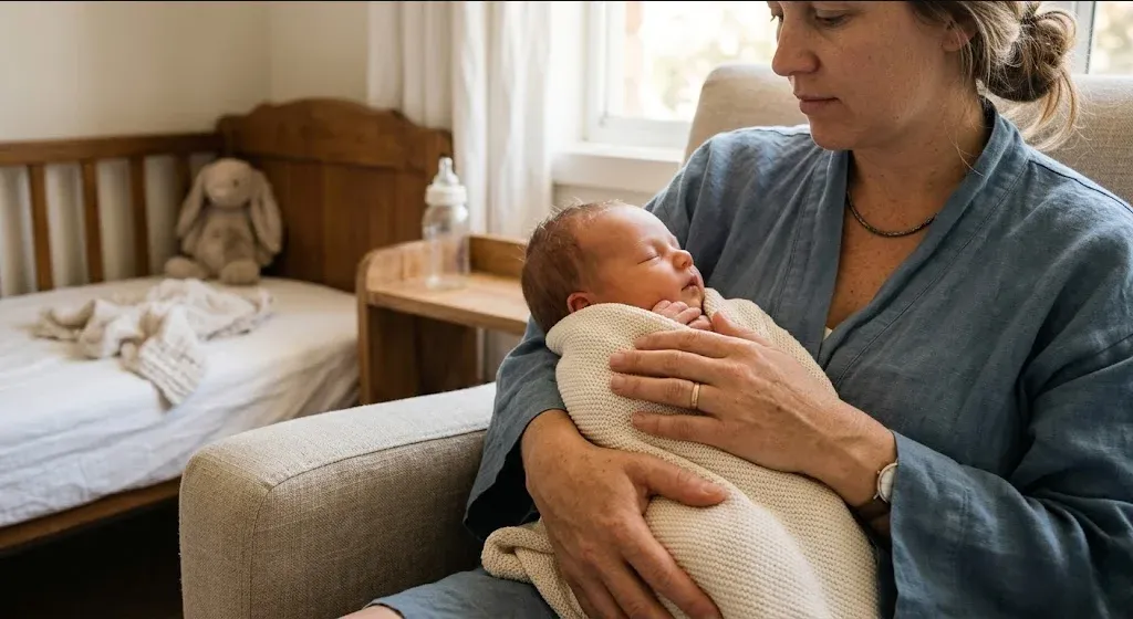 A mother sitting on the edge of a bed in morning light, infant asleep nearby in a bassinet, representing the themes of "What Is Postpartum Psychosis? Signs, Timeline, and What to Do".