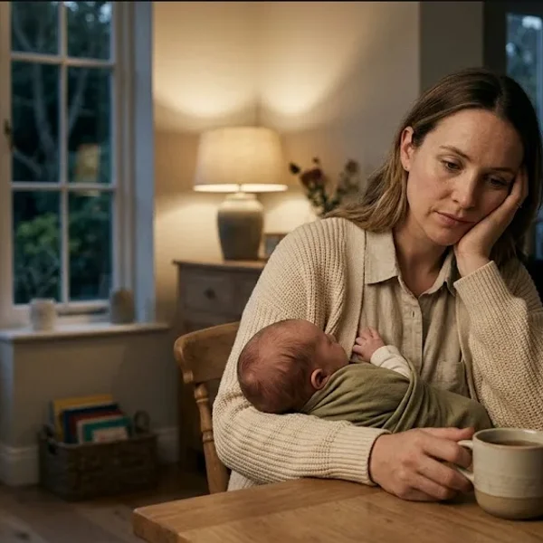 A parent holding a newborn close, both bathed in soft window light, representing the themes of "What New Parents Want From Baby Brands on Mental Health".