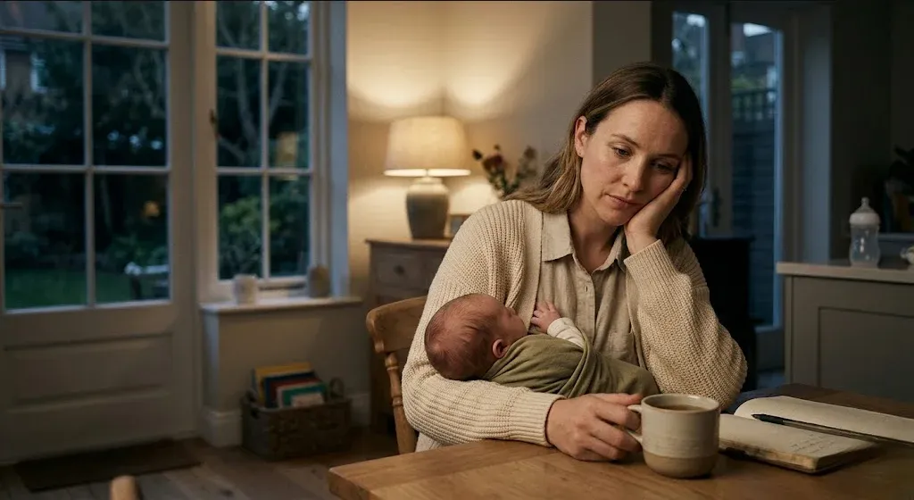 A parent holding a newborn close, both bathed in soft window light, representing the themes of "What New Parents Want From Baby Brands on Mental Health".