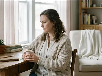 A figure seated on a window seat, looking out at a grey sky, a soft blanket nearby, representing the themes of "What Not to Say After a Miscarriage or Pregnancy Loss (A Guide for Everyone)".