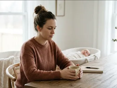 A new mother in a rocking chair in a softly lit nursery, cradling her infant, representing the themes of "What to Do When Postpartum Anxiety Won't Stop".