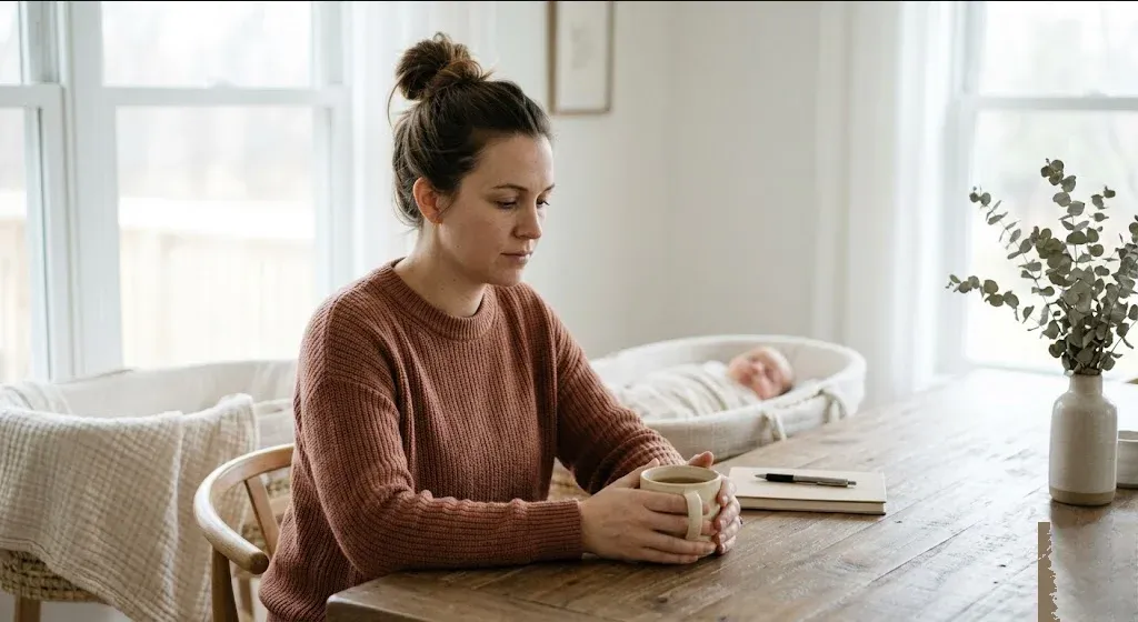 A new mother in a rocking chair in a softly lit nursery, cradling her infant, representing the themes of "What to Do When Postpartum Anxiety Won't Stop".