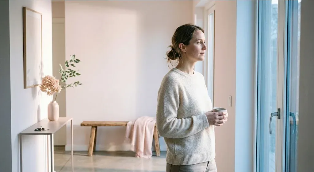 A figure seated on a window seat, looking out at a grey sky, a soft blanket nearby, representing the themes of "What to Say to Someone Who Had a Miscarriage: Words That Help".