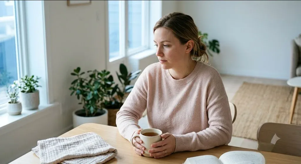 A parent on a couch, infant nestled on their chest, both still and quiet, representing the themes of "My Partner Has Postpartum Depression: What to Say and How to Help".